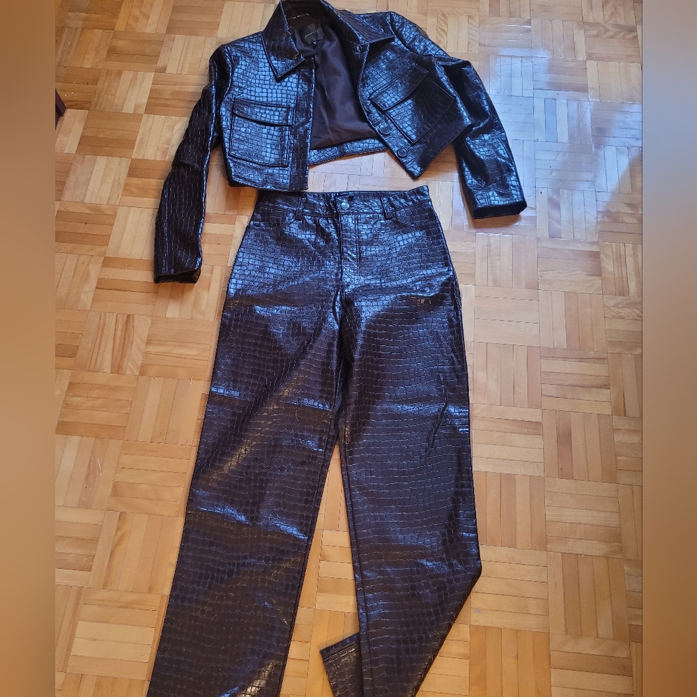 Dynamite Croc-Embossed Leather Jacket in Rich Brown And Pants